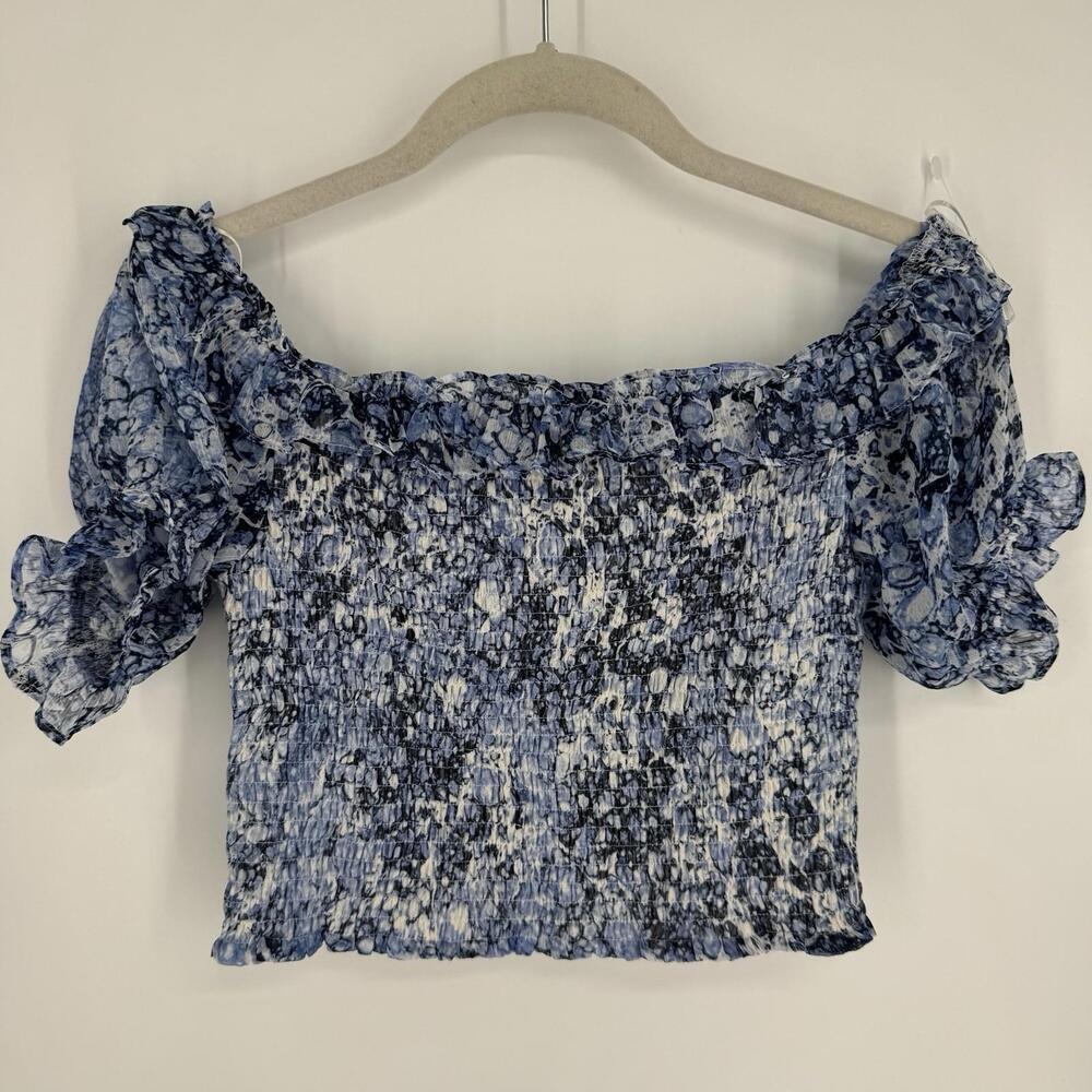 Express top XS blue smocked off shoulder cottage coquette feminine milkmaid